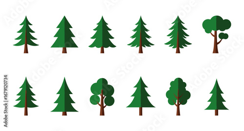 Collection of stylized evergreen and deciduous tree icons in flat design