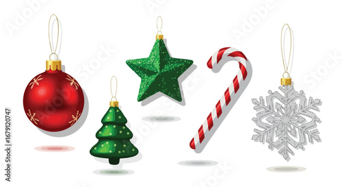 Festive holiday ornaments collection featuring a red bauble, green star, Christmas tree, candy cane, and ornate snowflake design