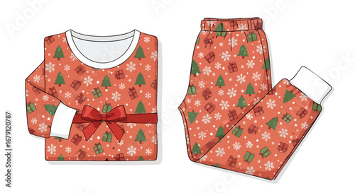 Festive Holiday Pajama Set with Christmas Tree and Gift Pattern for Cozy Winter Nights and Relaxed Seasonal Celebrations
