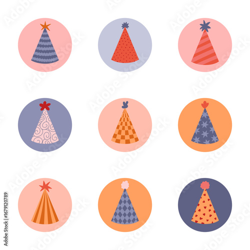 Lovely set of cute round story cover with birthday party hat cartoon clipart. Highlights for social media, blogs, business, branding. Icon pack for blog with New Year cap with childish decoration.