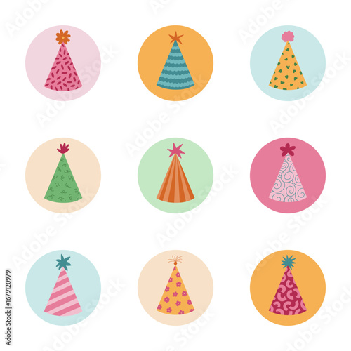 Lovely set of cute round story cover with birthday party hat clipart. Highlights for different social media, blogs, branding. Icon pack with Happy Birthday cap for carnival, for happy event, festival.