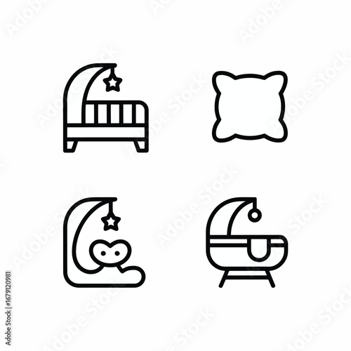 Minimalist vector icon set featuring baby bed pillow blanket nursery essentials silhouette vector illustration white background