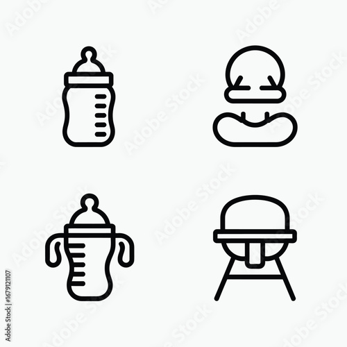 Baby feeding icons set vector graphic design elements for nutrition and care silhouette vector illustration white background