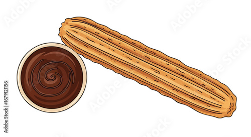 Delicious Churro Delight: A Hand-Drawn Treat with Decadent Chocolate Sauce for Connoisseurs of Unique Desserts