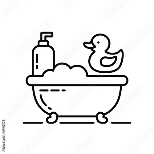 Baby bath time icon vector illustration featuring bathtub soap dispenser and rubber duckling silhouette vector illustration white background