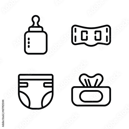 Vector icon set baby essentials feeding bottle diaper wipes and baby care essentials silhouette vector illustration white background