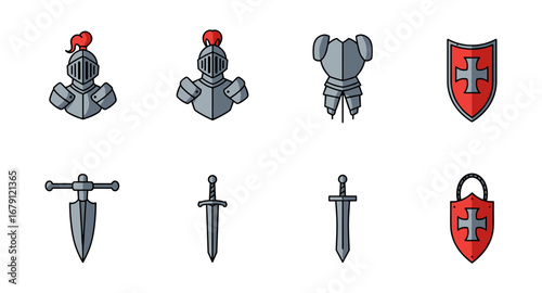Medieval armor icons collection featuring swords and shields with crosses