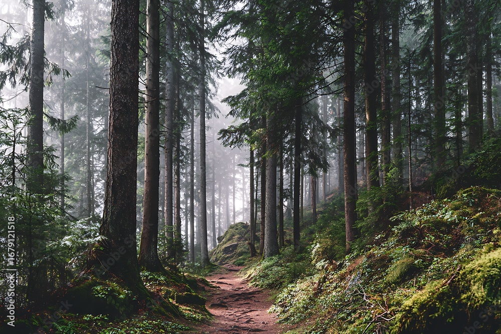 Obraz premium Misty Forest Path: A Serene Journey Through Tall Trees and Lush Greenery on a Foggy Day