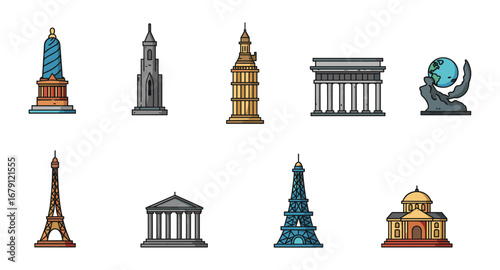 Iconic global landmarks in flat style with colorful detailing