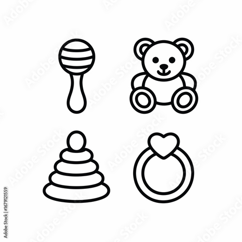 Charming vector icons of baby toys rattle teddy bear stacking rings and more for design silhouette vector illustration white background