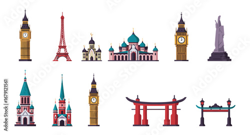 Iconic world landmarks set in flat style featuring famous global structures