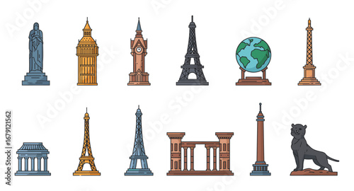 Iconic landmark illustrations featuring famous monuments in colorful line art style