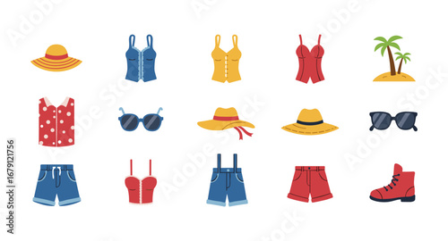 Summer fashion essentials collection featuring hats, sunglasses, and colorful outfits