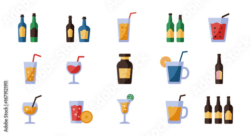 Beverage icons collection featuring flat style assorted drinks with bottles and glasses