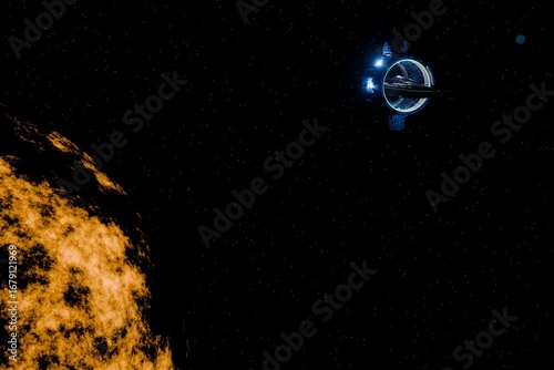 3d render of interstellar craft and alien planet