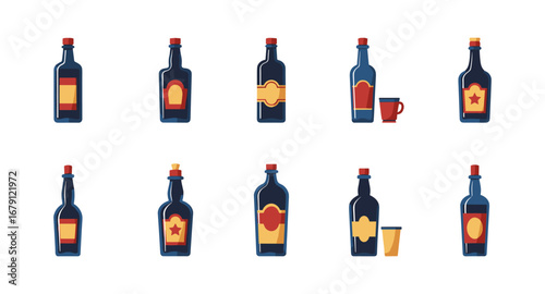 Flat design icon set of colorful bottles and cups in various shapes