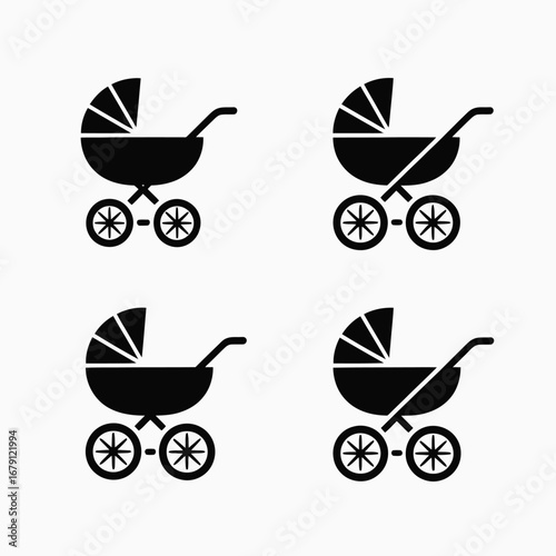 Scalable vector icons of baby strollers and prams for graphic design projects silhouette vector illustration white background