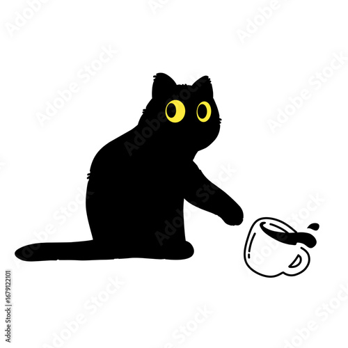 Playful black cat with yellow eyes knocking over a coffee cup, hand-drawn in a doodle style. Great for pet, clumsy, or morning mishap themes.