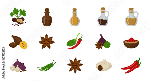 Diverse spice and herb collection featuring oils, vegetables, and herbs on a white background
