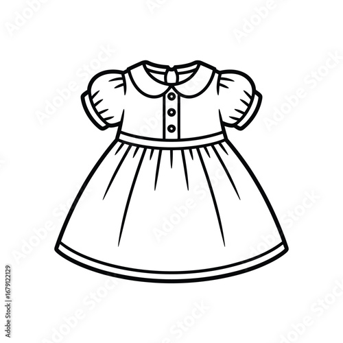 Vector line art illustration of a baby girl's peter pan collar frock silhouette vector illustration white background
