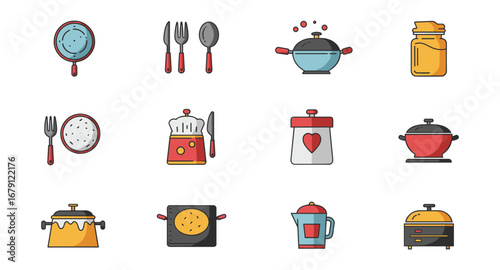 Colorful kitchen utensils and appliances icons for modern design projects