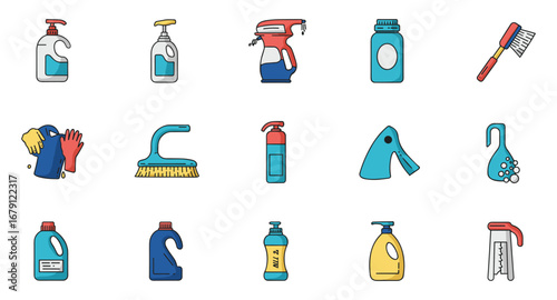 Colorful cartoon cleaning supplies collection on white background