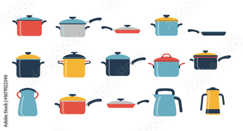 Flat style cookware collection featuring pots, pans, and kettles in various colors