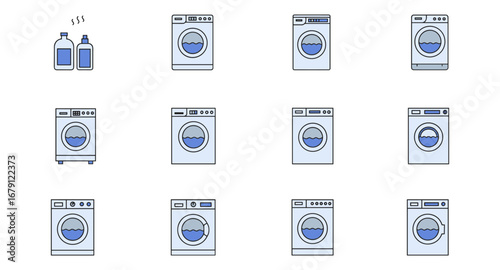 Seamless pattern of washing machines with detergents in minimalist style
