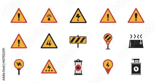 Caution and hazard sign collection: bright yellow and red warning symbols for safety awareness