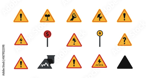 Yellow and red triangular warning signs collection for safety awareness