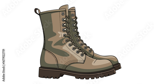 Illustration of sturdy laced military boots isolated on a white background showcasing vintage fashion style with eyelets and durable construction
