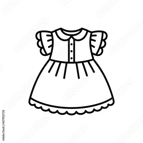 Simple outline baby frock with frilled sleeves and scalloped hem vector illustration silhouette vector illustration white background