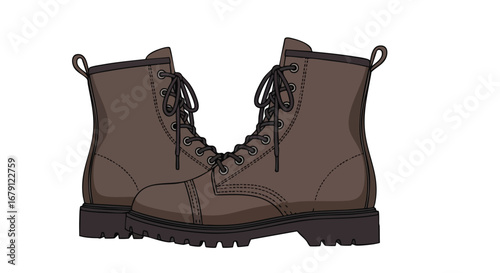 Illustration of brown leather combat boots with laces, detailed stitching, and a rugged sole design, suitable for fashion and outdoor adventures