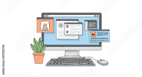 Desktop setup illustration displaying various application windows and a houseplant suggesting a productive workspace environment
