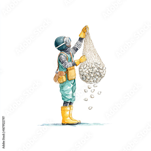 A Diver in Protective Gear Harvesting Clams from a Net Watercolor Illustration