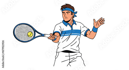 Dynamic Tennis Player Ready to Serve, Character Illustration with Racket and Ball in Action Stance and Focused Expression Portraying Competitive
