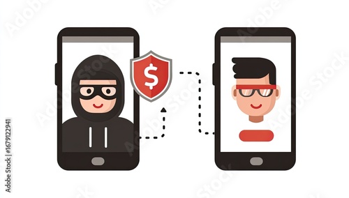 Two smartphones; one displaying a masked figure, the other a person with glasses; a money shield symbol connects them