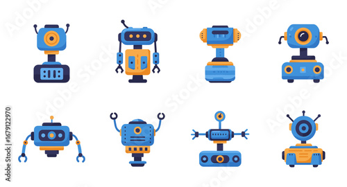 Retro futuristic toy robots collection with bright colors on white background