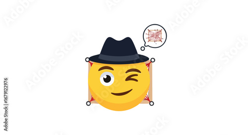 Animated yellow emoji winking and wearing a dark hat, seemingly thinking about a complex design, ideal for creative projects