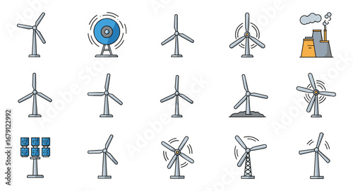 Renewable energy icons featuring wind turbines and solar panels in flat design