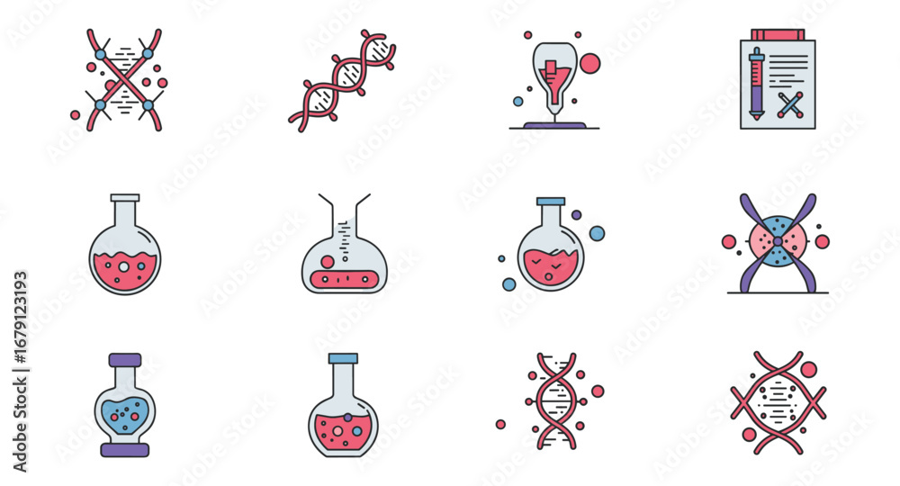 Obraz premium Colorful scientific laboratory icons featuring dna, flask, and microscope for educational and research design