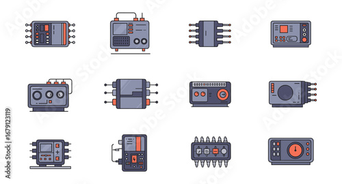 Retro electronics set featuring vintage radios and audio equipment in flat design style