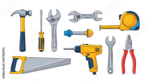 Collection of Essential Hand Tools for Carpentry, Construction, and DIY Projects Depicting Hammer, Screwdriver, Wrenches, Measuring Tape, and Saw on