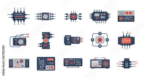 Futuristic electronics circuit boards and control panels in flat style