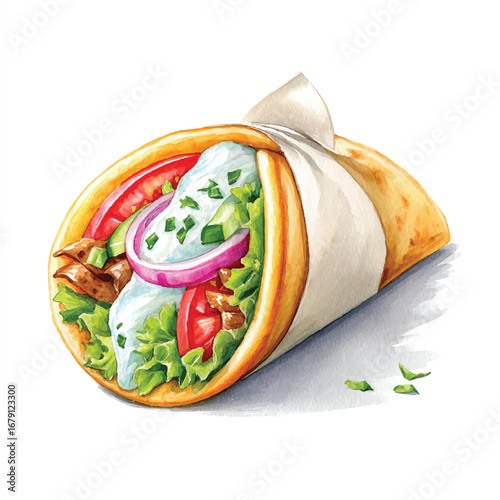 Delicious Gyro Wrap with Tzatziki Tomatoes Onions and Meat Filling