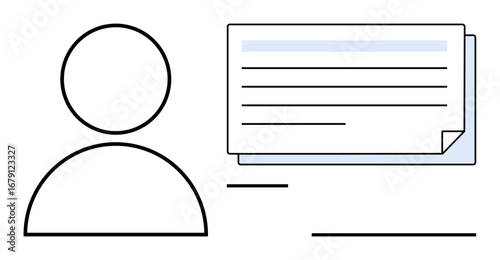 Simple user outline beside a layered text card. Ideal for user profile, identity, social interaction, data sharing, communication, registration, online messaging. Minimal and simple flat metaphor
