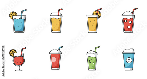 Colorful cartoon beverage icons with various juices and smoothies