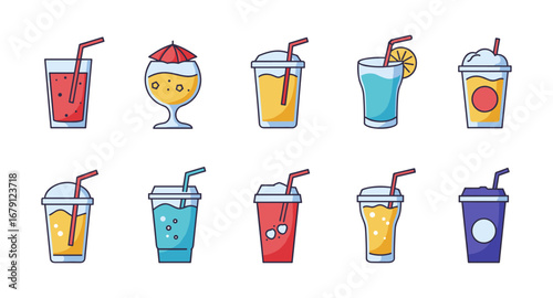 Refreshing summer drinks collection in modern flat style with vibrant colors and playful design