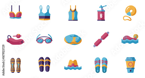 Colorful flat icons of swimwear, beach accessories, and refreshments