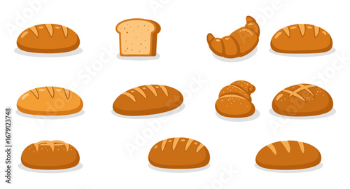 Variety of bread: croissant, loaf, and rolls in flat design